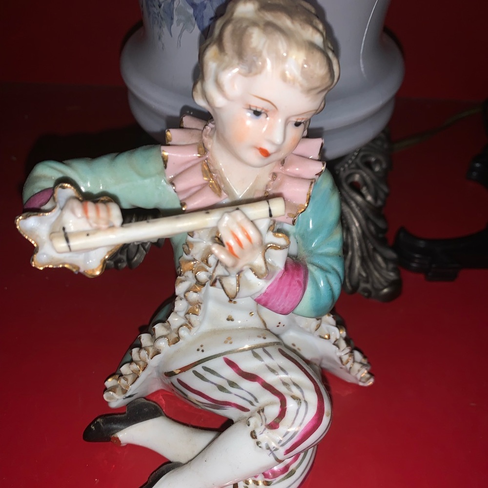 Victorian Porcelain Figurine Person Playing The Flute Bone Lace China